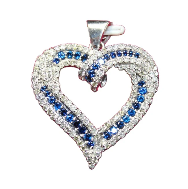 Custom Women Fine Heart Pendant 2.07ct Natural Round Diamond 14k White Gold Blue sapphire Anniversary Heart Pendant for Worldwi