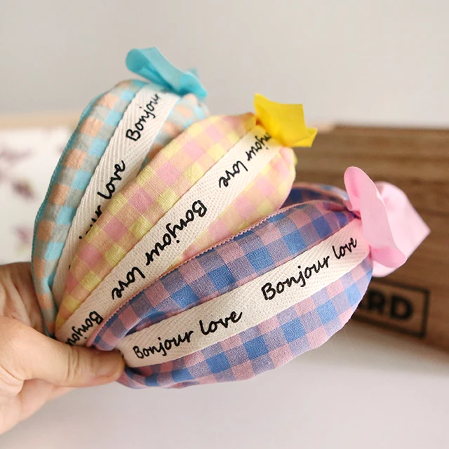 Girls Cute Lettering Check Pattern Ribbon Headband Korea fashion hair accessory