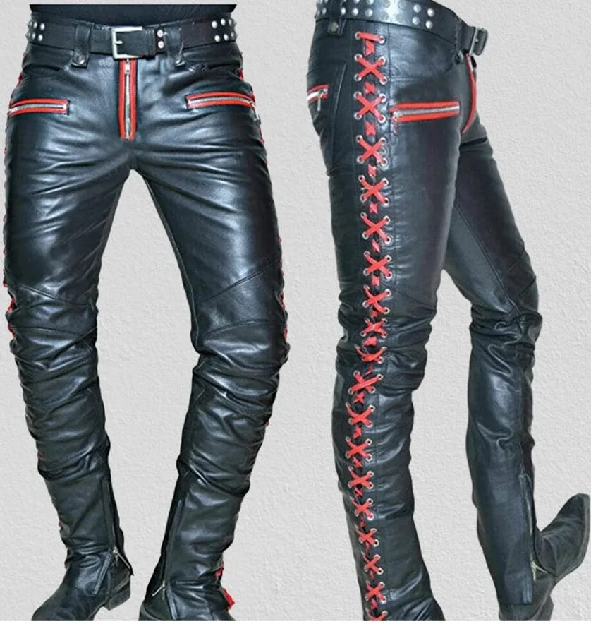 Men Trousers Black Leather Motorcycle Pants Cargo Pockets Vintage Clothing Men Clothing for Men Party leather trouser