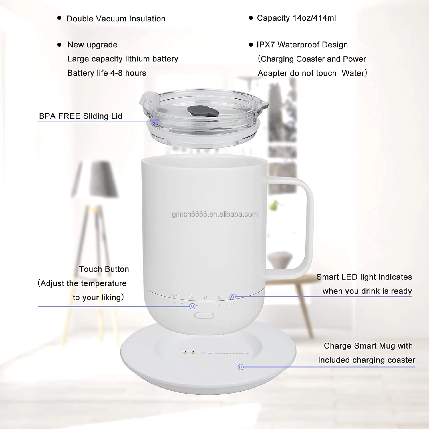 battery heated mug S3pro Temperature Control Battery Smart Mug 2 with Lid Self Heating Coffee Mug 14 oz