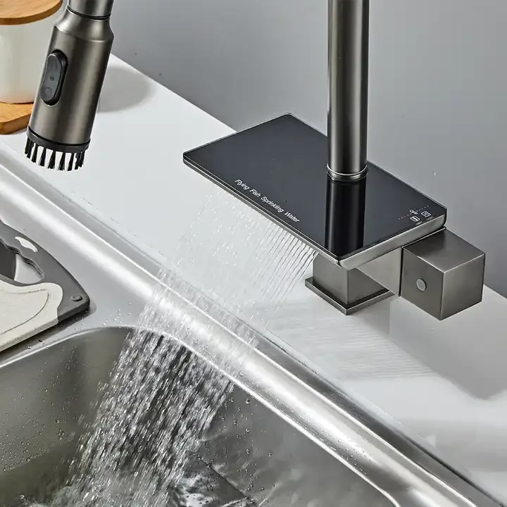 Luxury Black Gunmetal kitchen sink Smart Brass Waterfall Rainfall Energy-Generation Rotating Kitchen Faucet with Digital Display