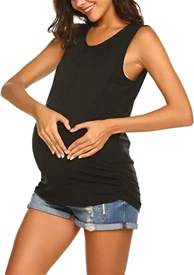 Womens Maternity Nursing Tank Top Breastfeeding Tee Shirt Double Layer Sleeveless Pregnancy Shirt