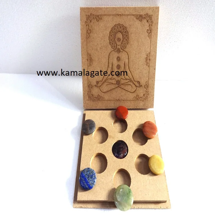 Natural Crystal Quartz Polished Round shaped stone with Chakra engraved Set with Chakra Symbol Box