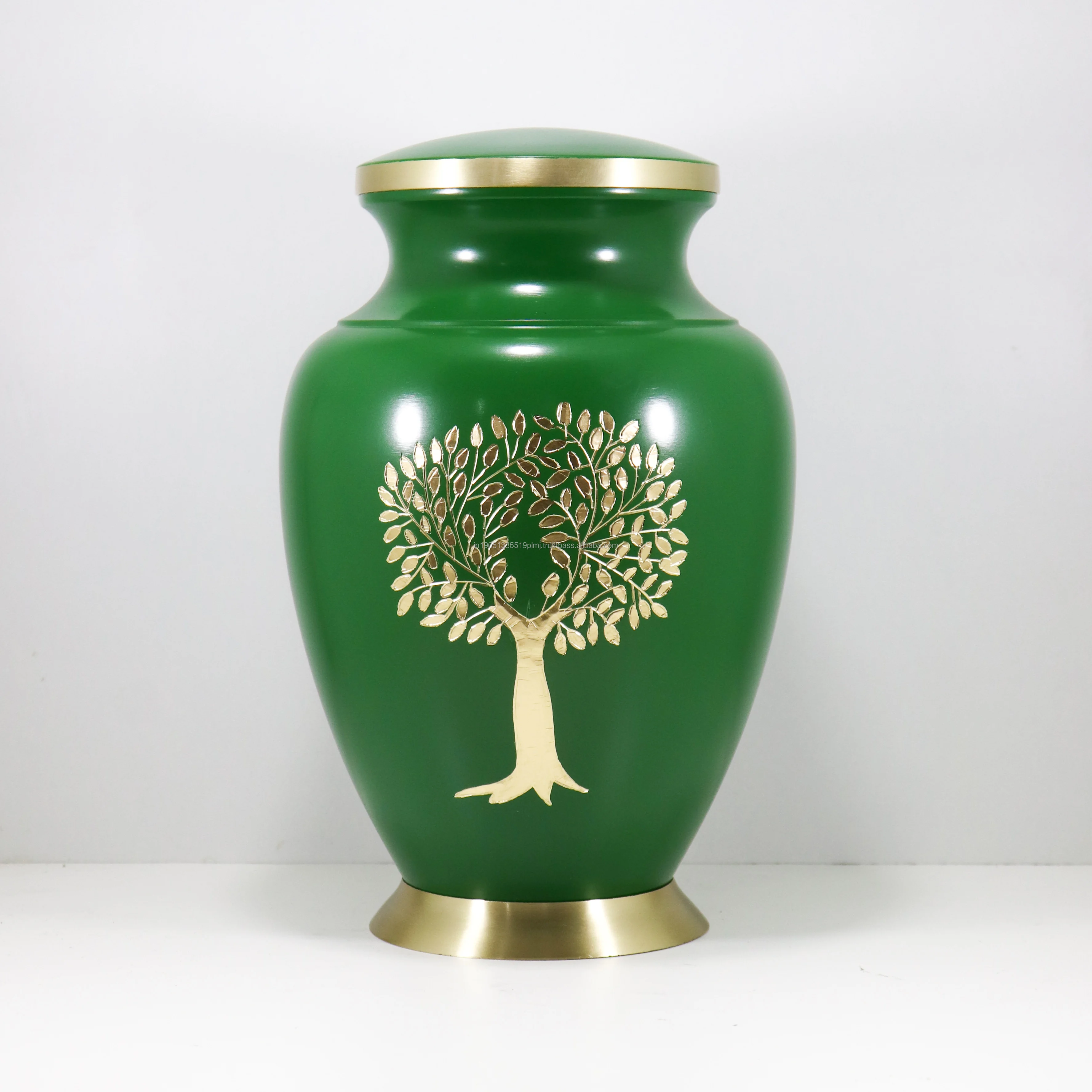 Wholesale Aluminum Cremation Urns for Human Ashes & Keepsakes Memorial Urns Aria Tree Engraved With Gold & Green Finished Urns