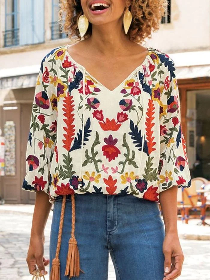 Made With Love Spring Elegant Summer Vintage Style Aari Embroidered Bodice Bohemian Collection Tasseled Tie Neck Women Blouse