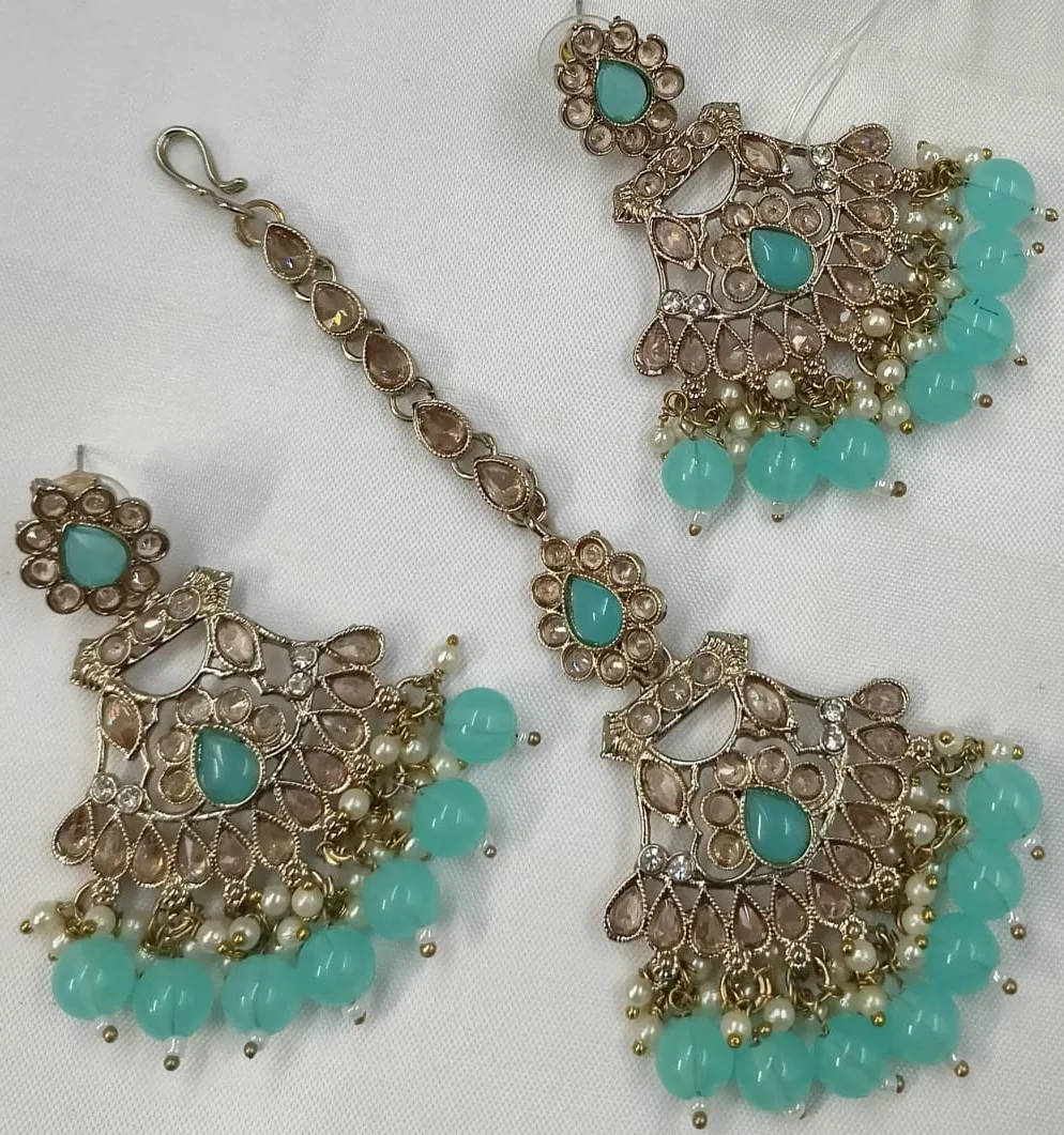 INDIAN  MEHNDI POLISH  TRADITIONAL AND FASHIONABLE WITH PEARL EARRINGS AND MANGTIKKA SET  FOR WOMEN & GIRLS