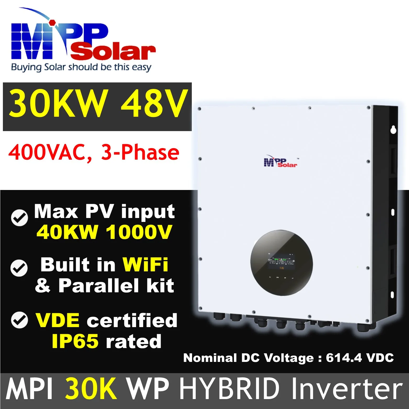 MPI 30K WP 30kw 3 phase 400vac hybrid MPP Solar inverter 48v 2 MPPT solar charger 1000vdc PV input 40000W wifi built outdoor