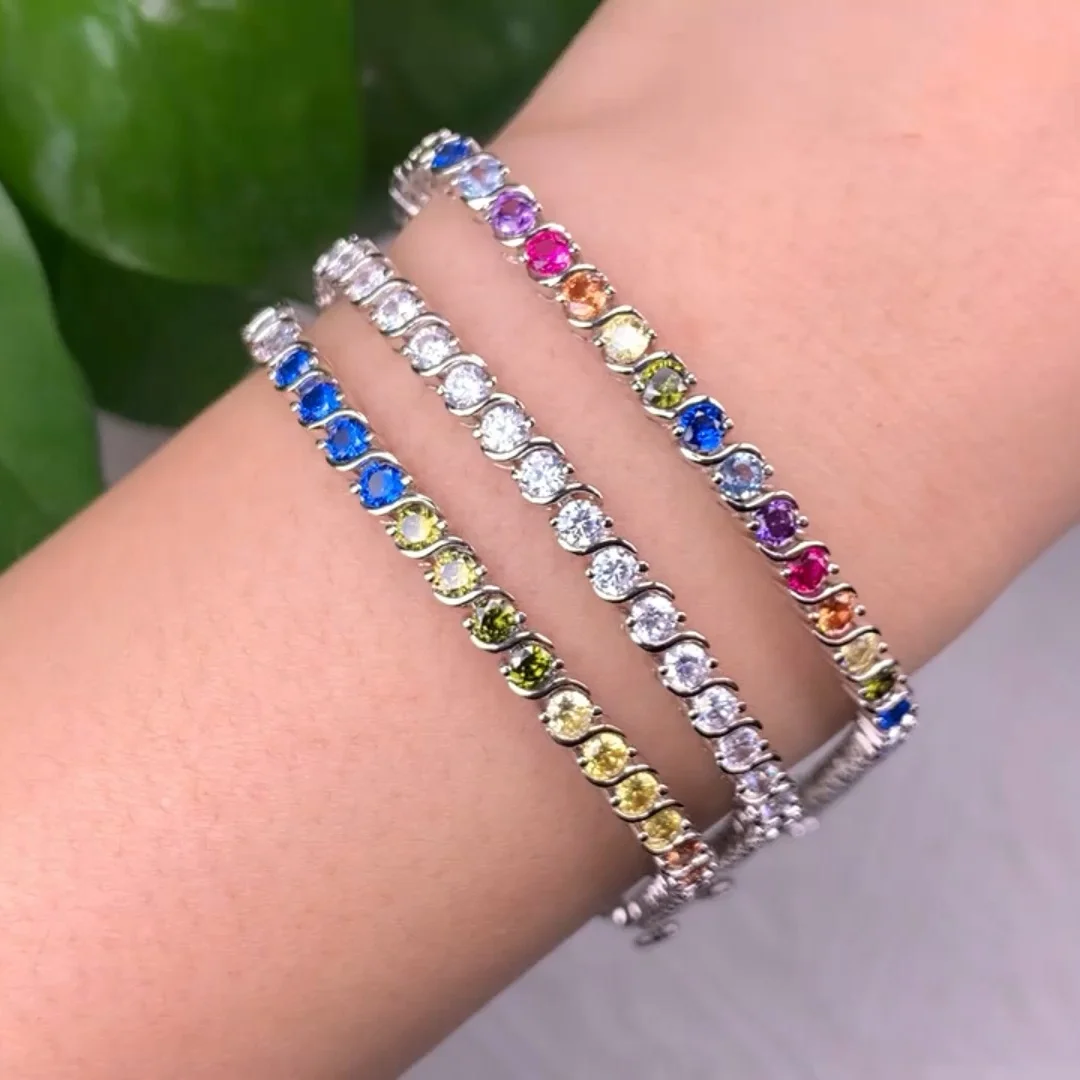 New Arrival Gold Plated Adjustable Full Diamond 925 Sterling Silver rainbow Tennis Bracelet Jewelry for Women