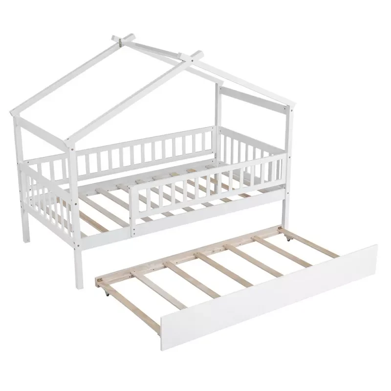 Twin Size Wooden Bed Frame, House-Shaped Bed for Kids and Teens with Trundle, Wood Slats Support, No Box Spring Required