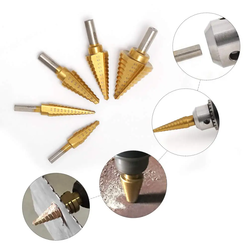Step Drill Bit Set & Automatic Center Punch- Unibit, Titanium Coated, Double Cutting Blades, High Speed Steel,