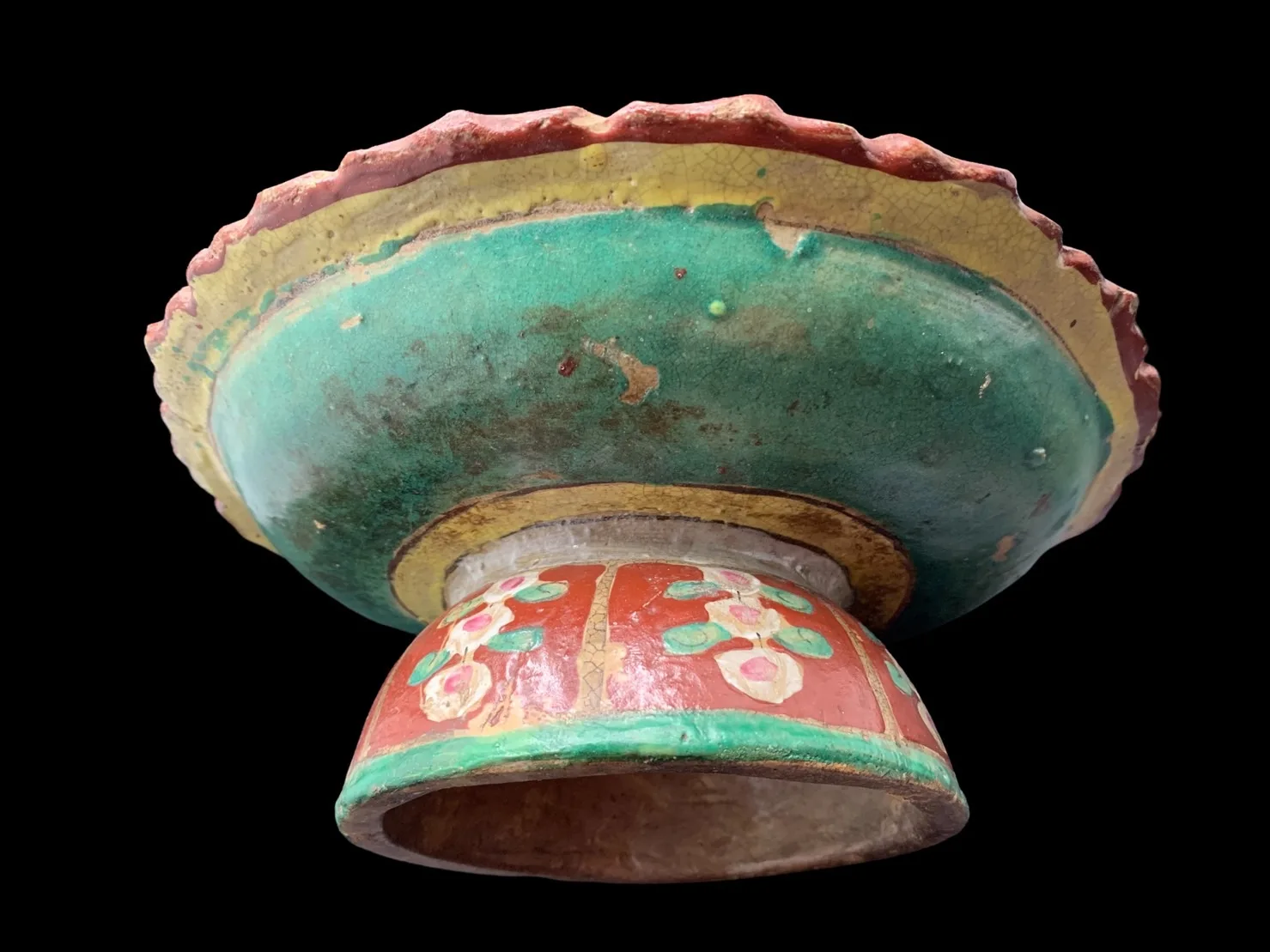 Antique Benjarong Ceramic Stem Dish Decorated With A Floral Design With In Lotus - Petal Shape Panels On Red Ground For Collect