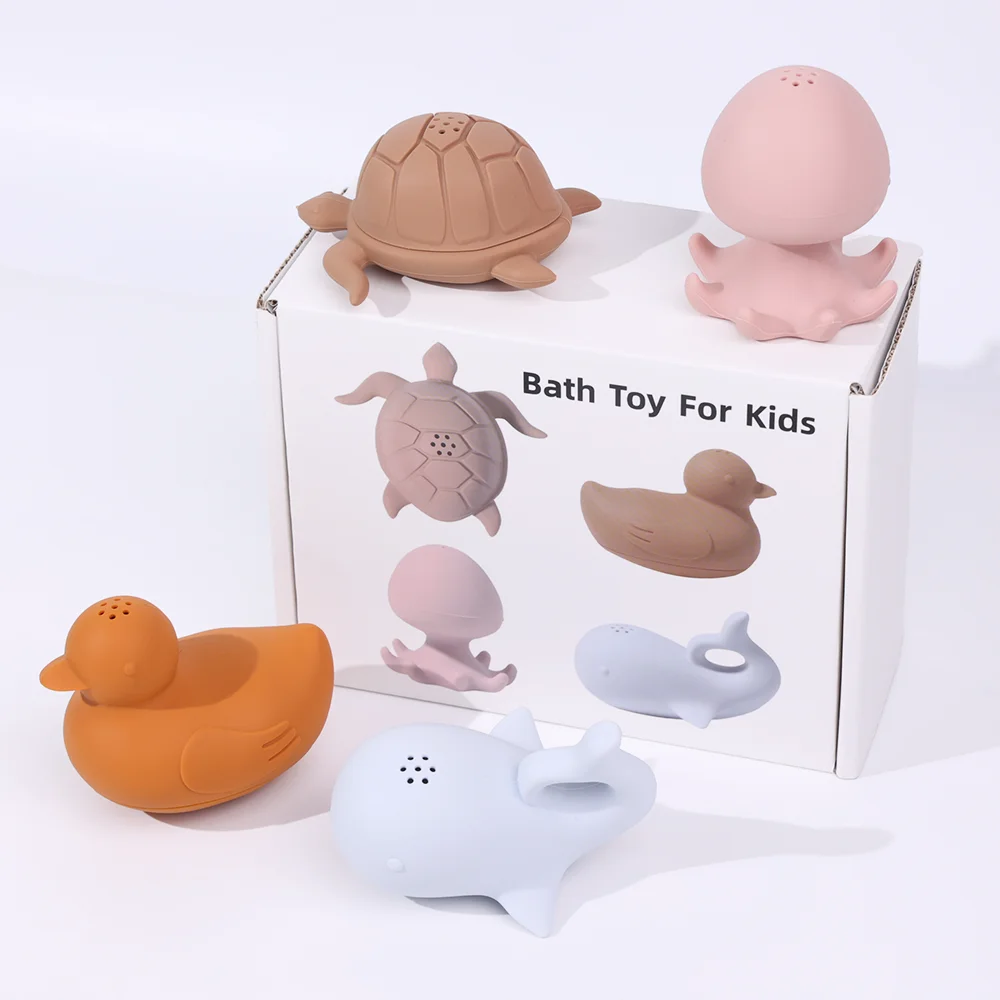 Custom 4 Pcs Set Gift Eco-friendly Non Toxic Toddler Bath Toys Durable Silicone Animals Bathtub Toys Silicone Baby Bath Toys
