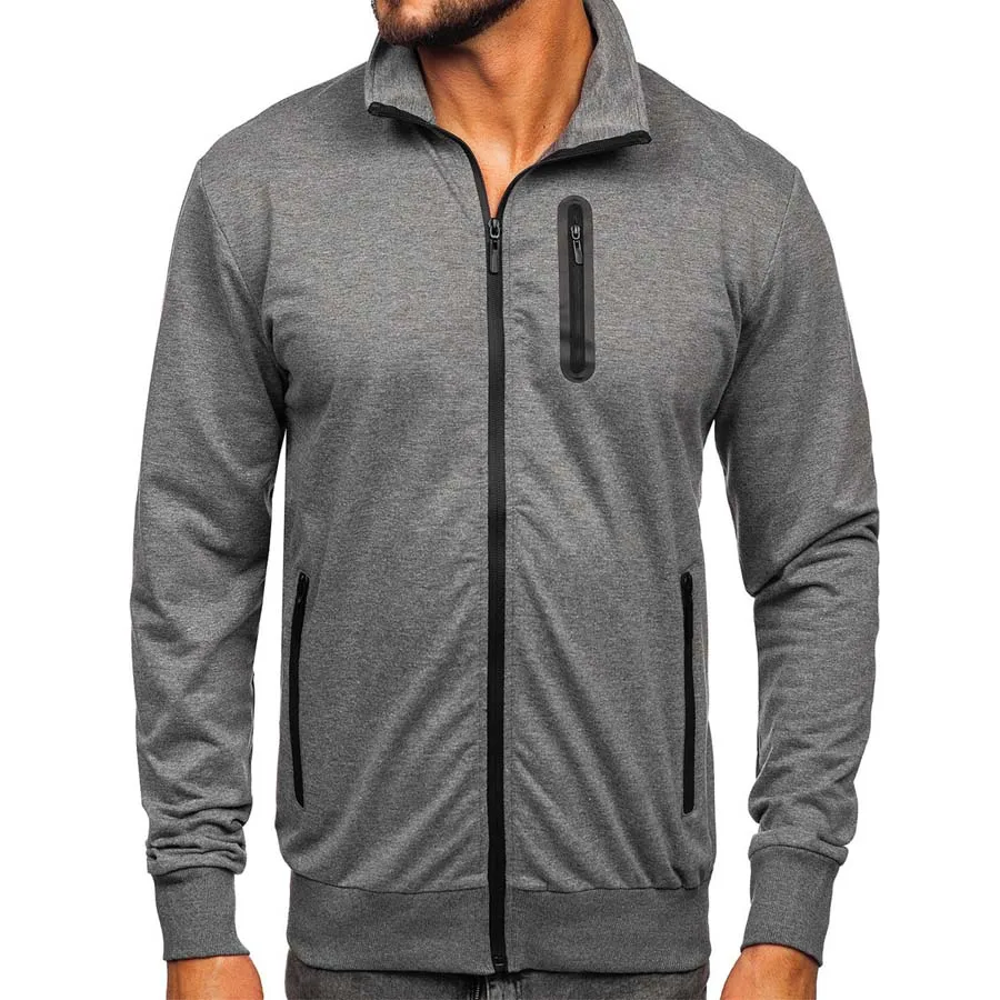 Deep Grey Sports Man Plain Color Sweat jacket Standing Collar Thermal  Sweater