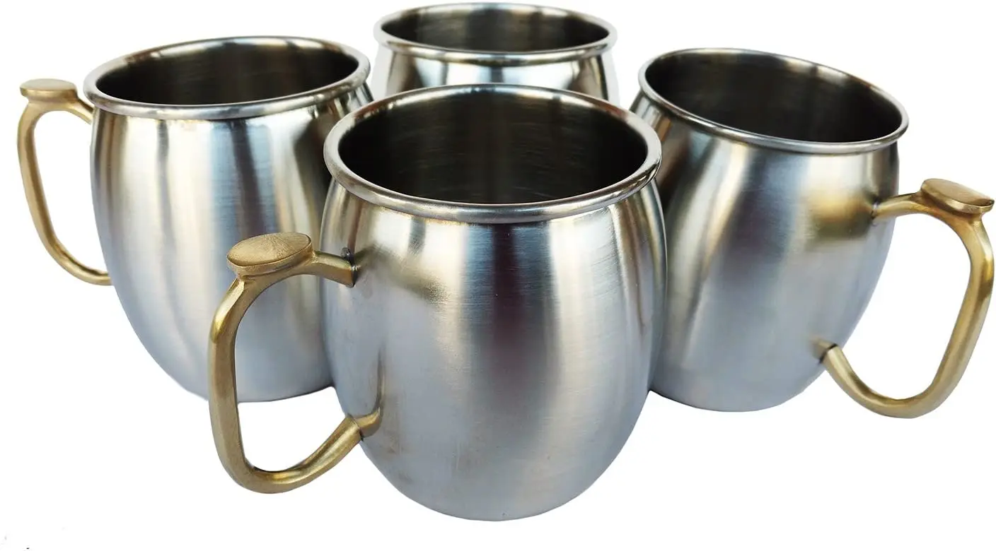 Set of 4 Stainless Steel Moscow Mule Mugs 16 oz Capacity with Brass Thumb Handle Cold Coffee Mug/Cup/Mug Metal Construction