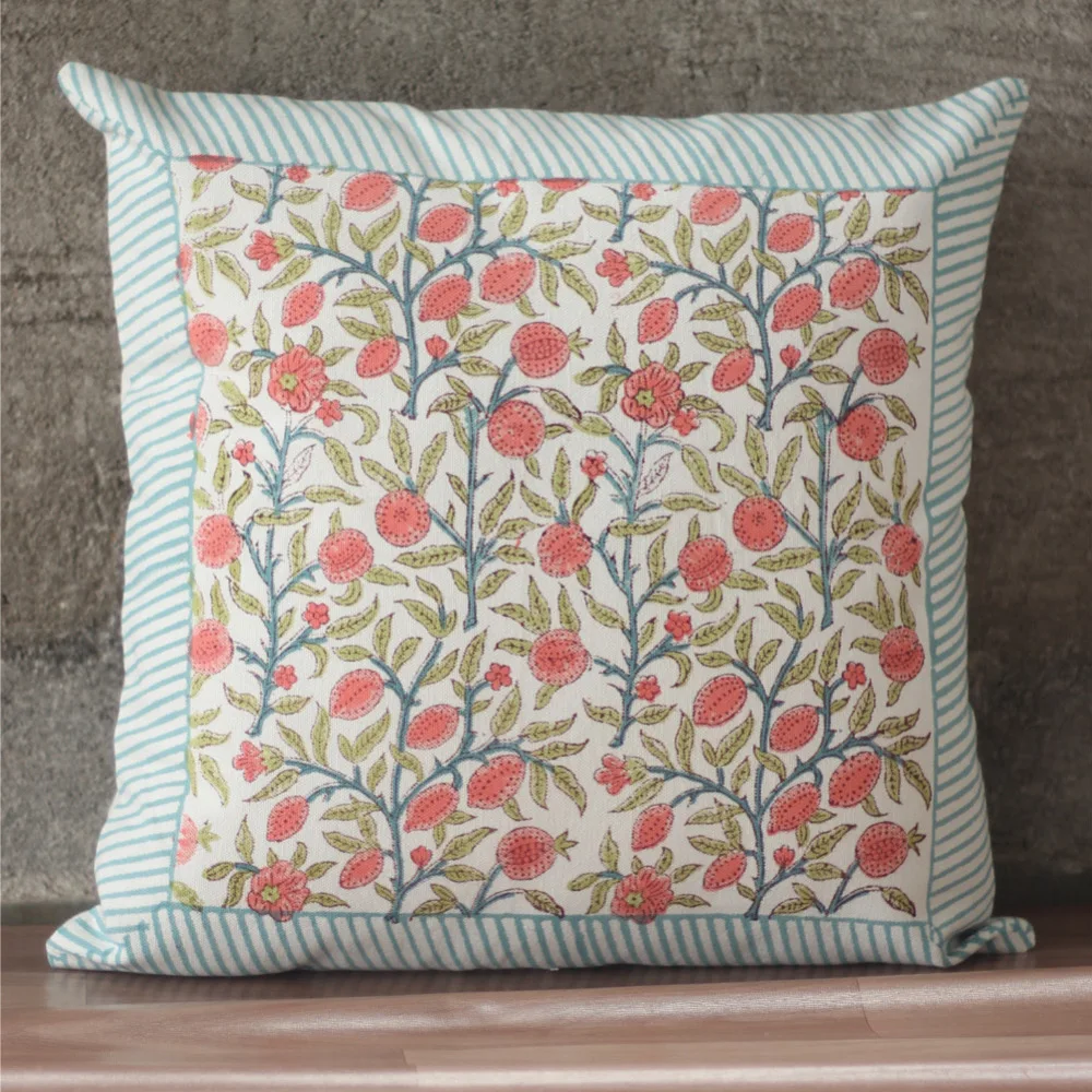 Hand Block Printed Indian Floral Handmade Decorative Cushion Cover 40x40 Pillowcase