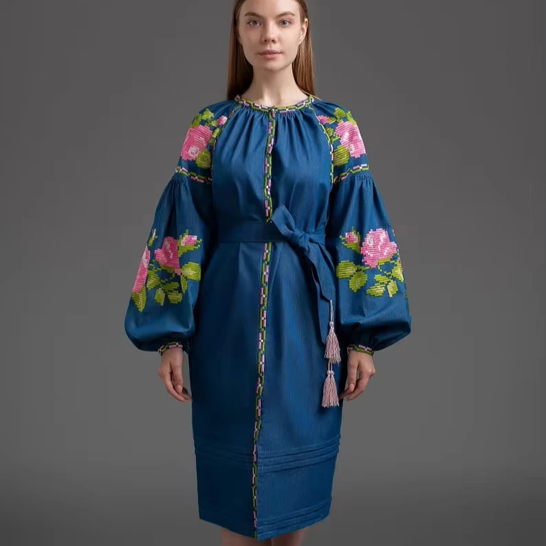 Beautiful & Elegant Ukrainian Style Embroidered Midi Dress Red & Black Embroidered Holidays Casual Maxi Dresses