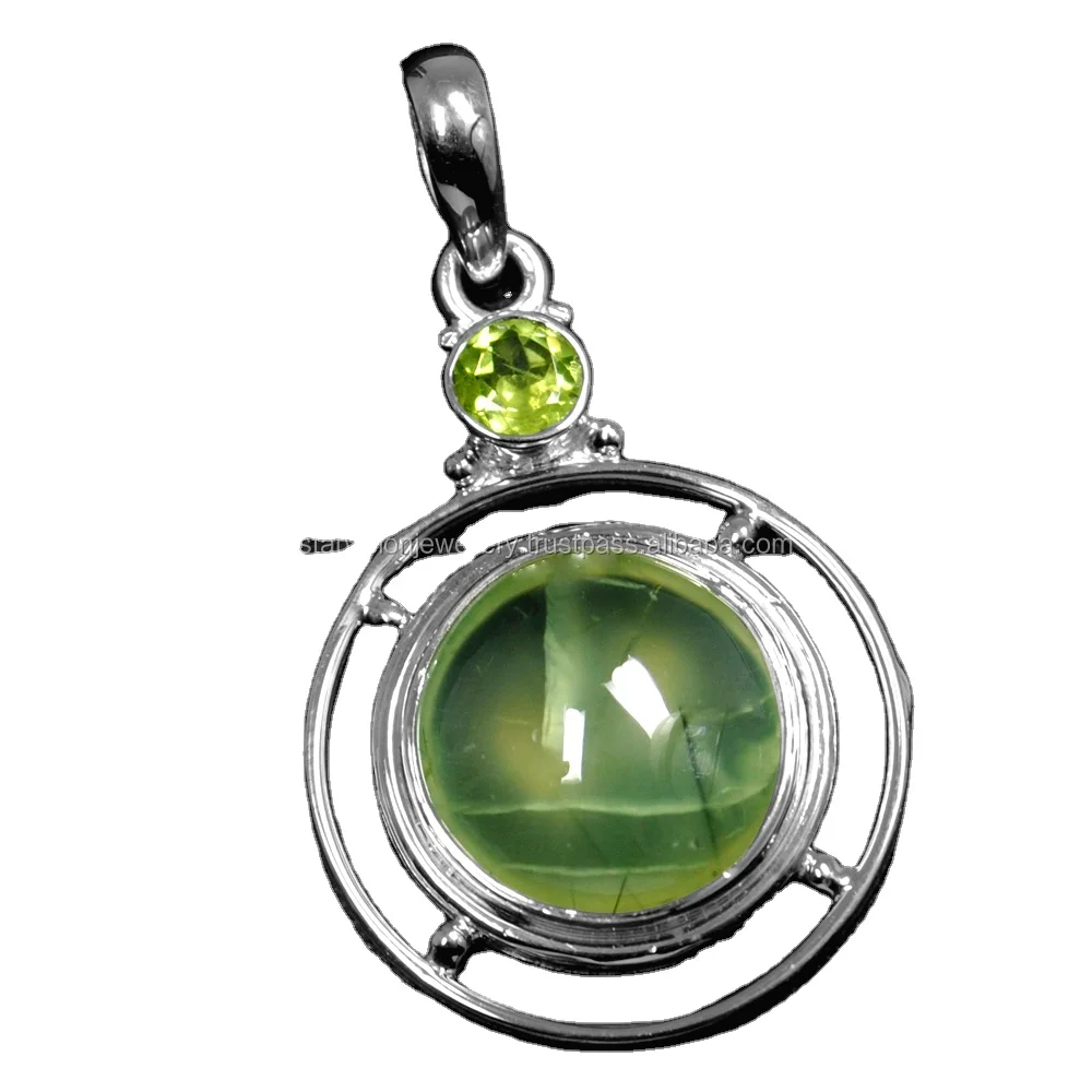 925 Sterling Silver Natural Handmade Pendant with Prehnite Peridot Diamond and Pearl Star and Number Pattern for Parties