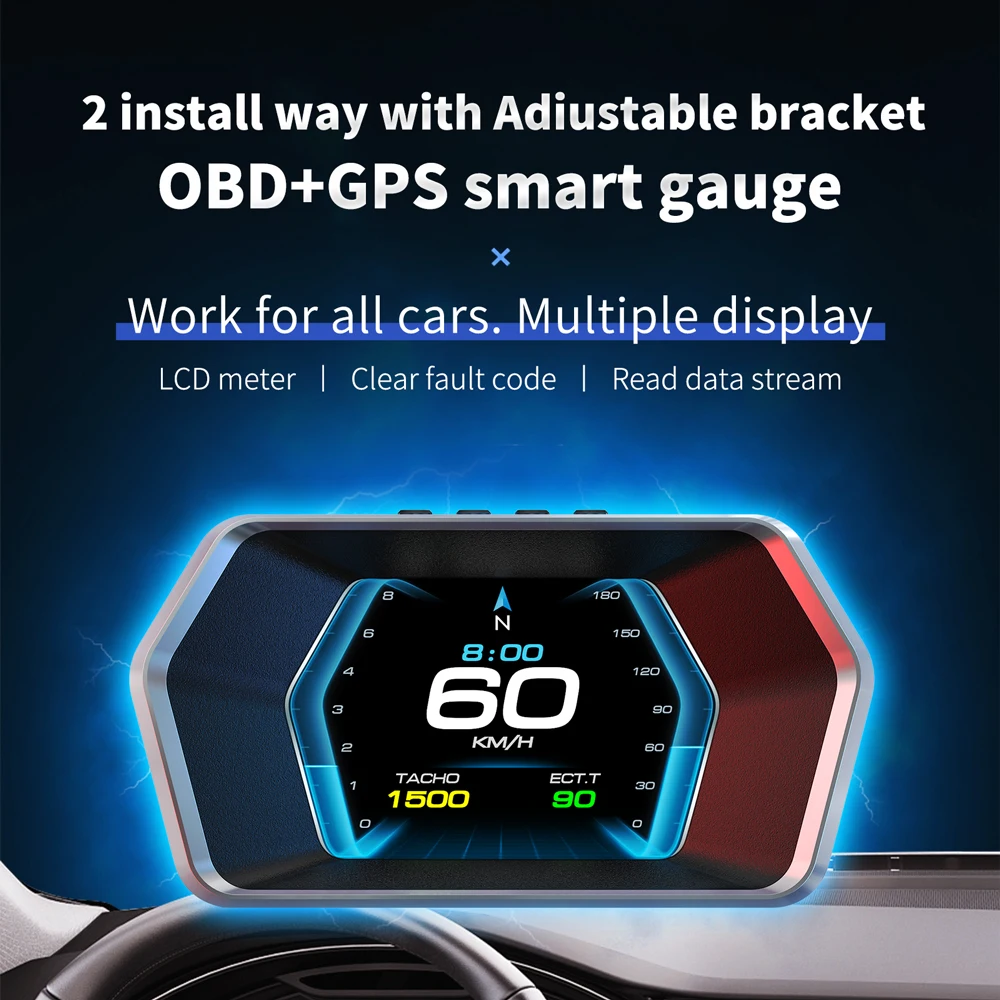WIIYII OBD2+GPS Turbo Pressure P17 head up display obd2 gauge car accessories hud obd2 scanner for vehicle