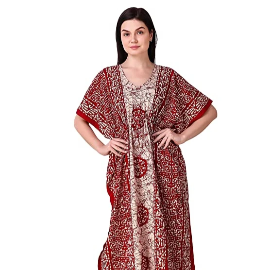 Red  White Vibrant Colorful Stylish Long Kaftan With Short Sleeves For Summers