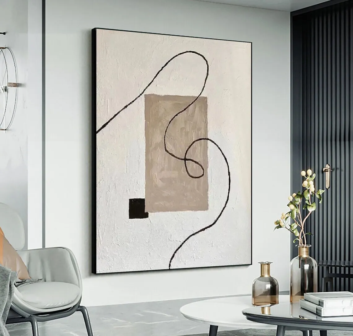 White and Brown Minimalist Painting Black Texture Wall Art Abstract Painting on Canvas Wabi-sabi Wall Art for Living Room