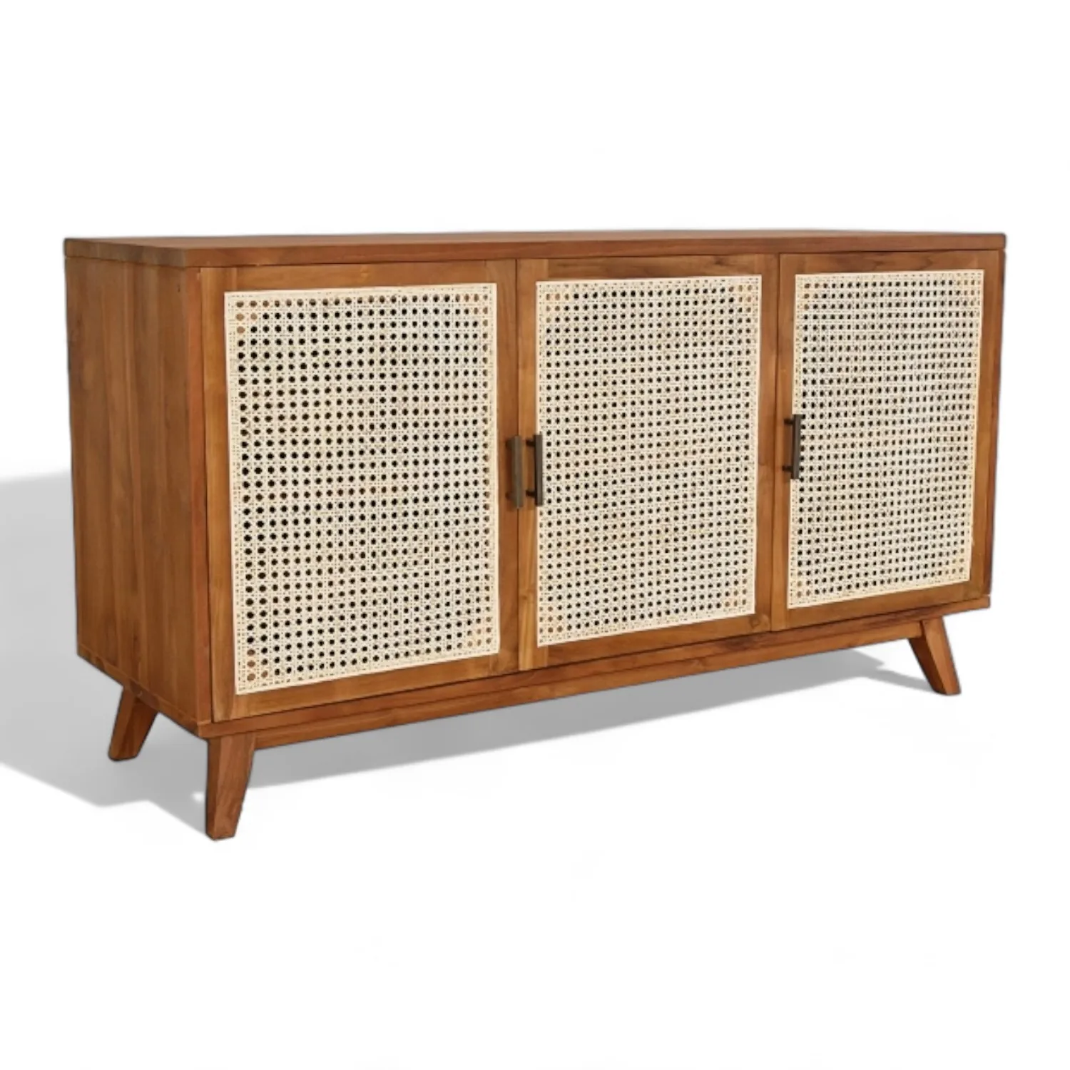 Contemporary Solid Teak Wood Media Cabinet with 3 Natural Rattan Doors and Shelf Wooden Sideboard Tv Cabinet for Living Room