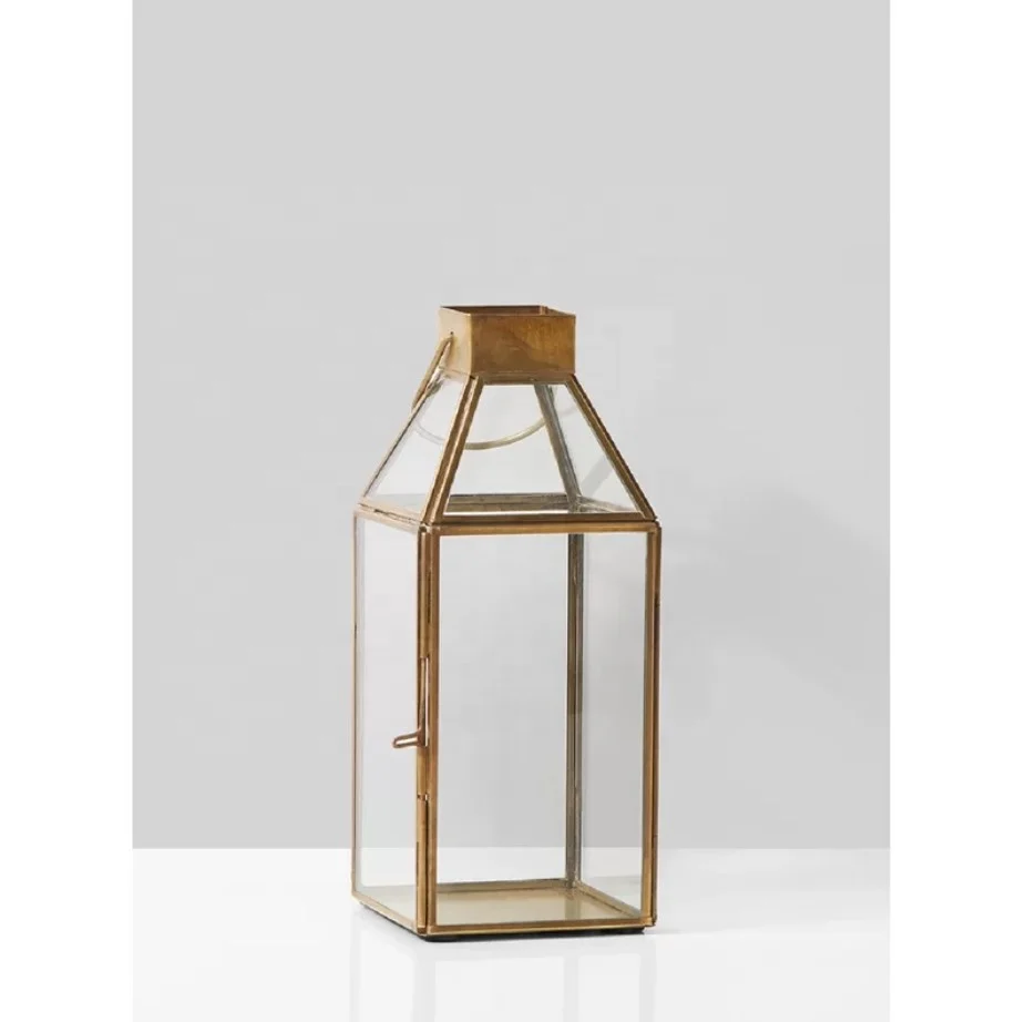 Amazon Best Selling Square Glass And Metal Gold Candle Pillar Lantern for Christmas and Home Decoration