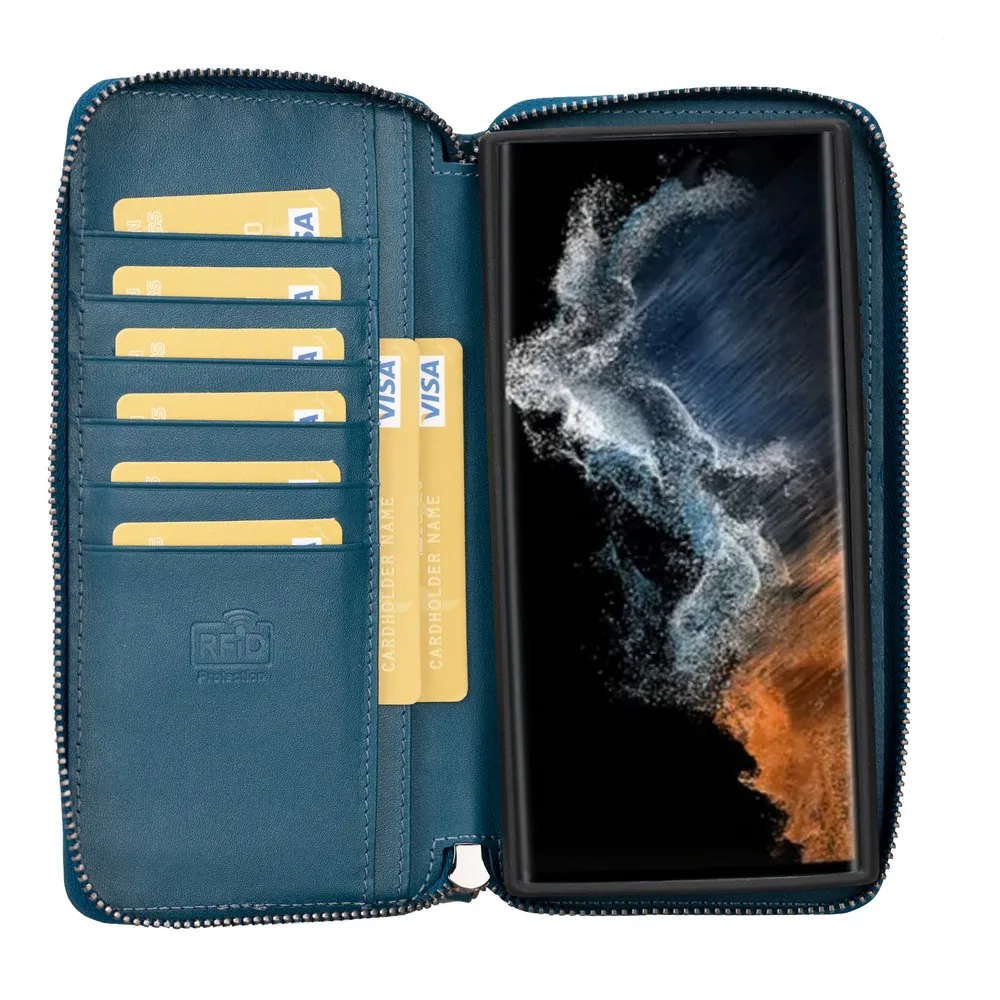 Genuine Leather Handmade Pouch Magnetic Detachable Phone Case for Samsung Galaxy S23 Series Rfid Wireless Charging Compatible