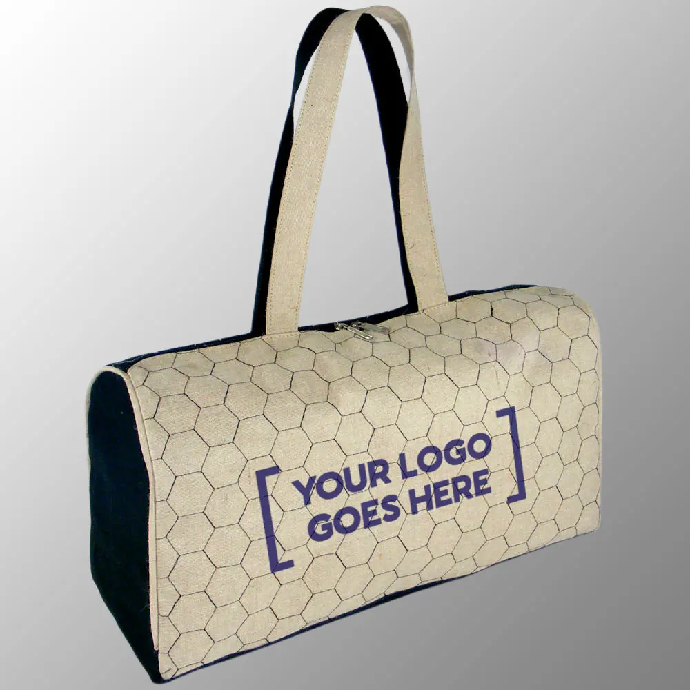 jute cotton handbag with fancy quilting design black color huco ladies lifestyle hand bag with one color artwork print for free