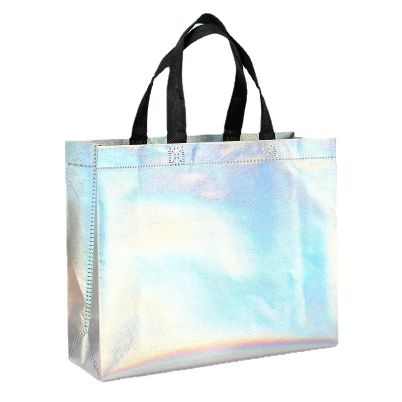 Promotional fashion recycled glitter holographic laser iridescent silver gift shopping bag tote non-woven bag