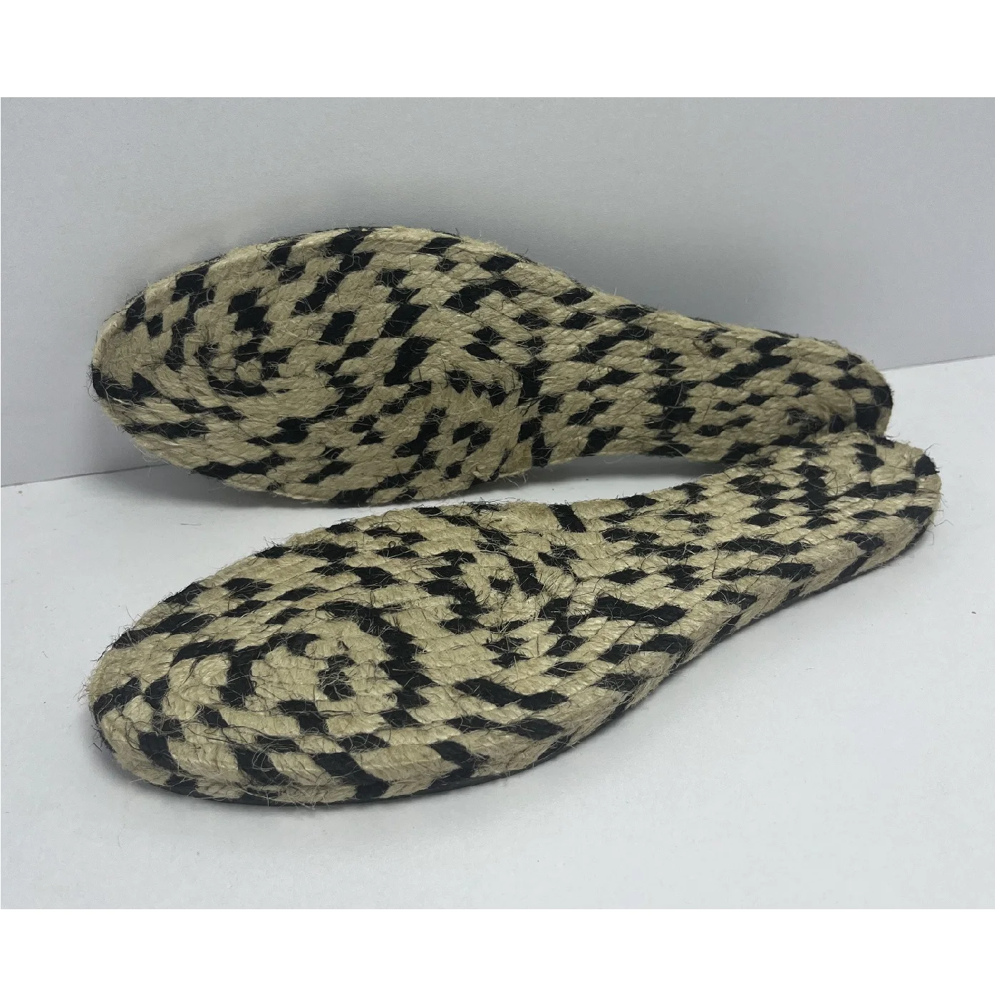 Black and Beige Two-Tone Braided Jute Espadrille Sole with Natural Woven Design, Sustainable and Eco-Friendly Rubber Outsole