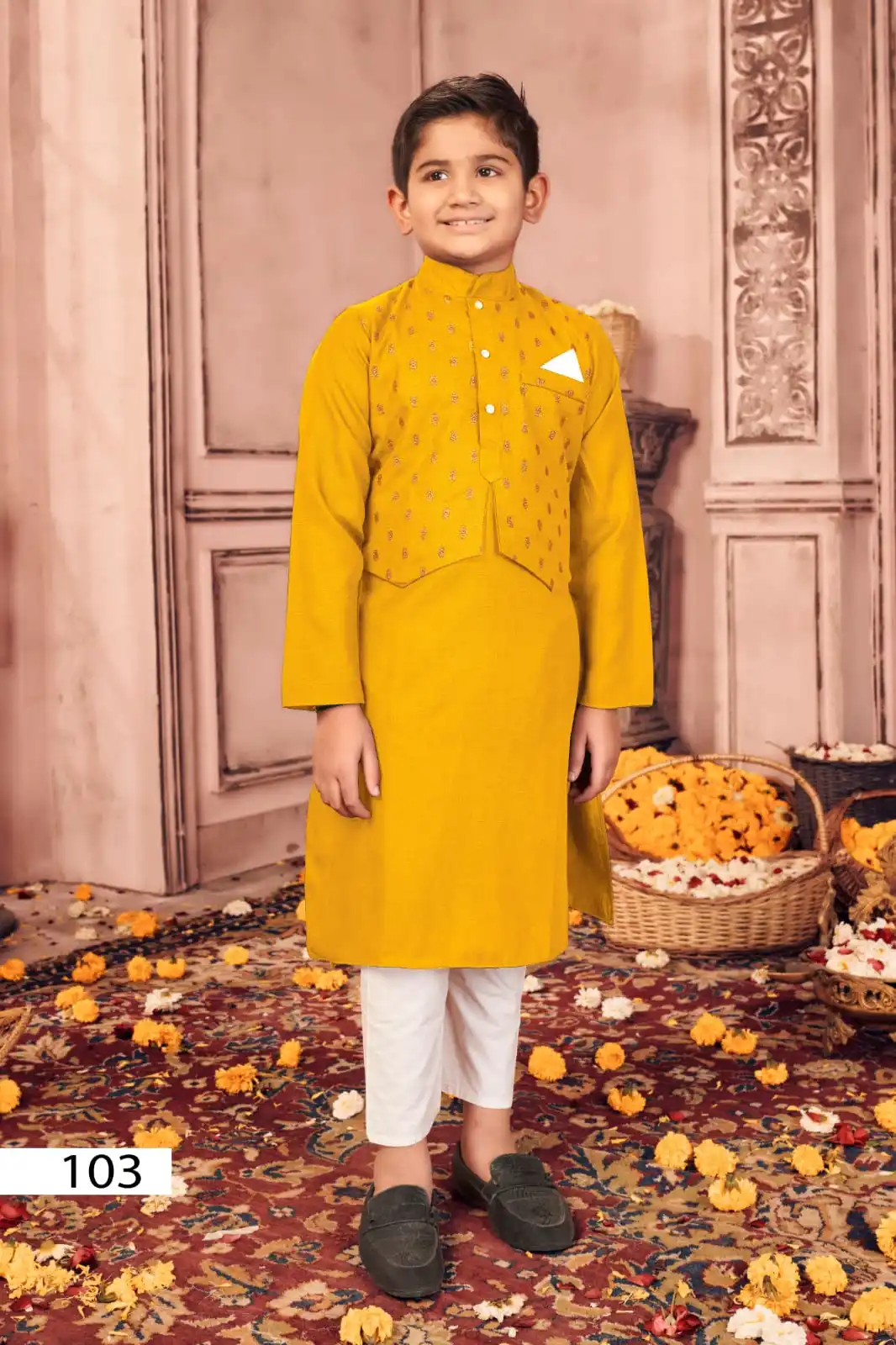 Kids Indian Wedding Wear Set with Cotton Jacket and Green Kurta Pajama