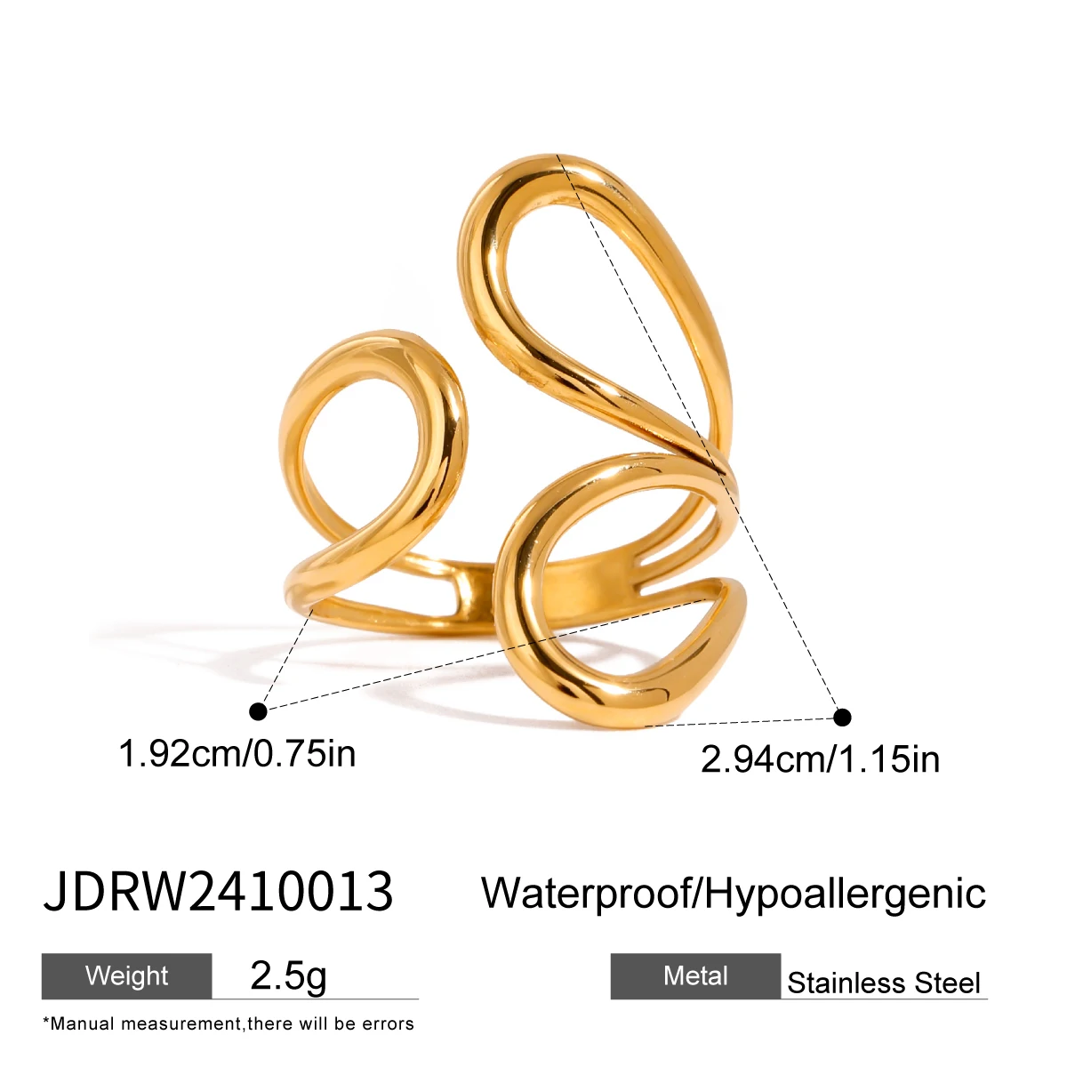 J&D 18k Gold Stainless Steel Adjustable Polished Abstract Line Open Ring Artistic Unique Linear Statement Jewelry