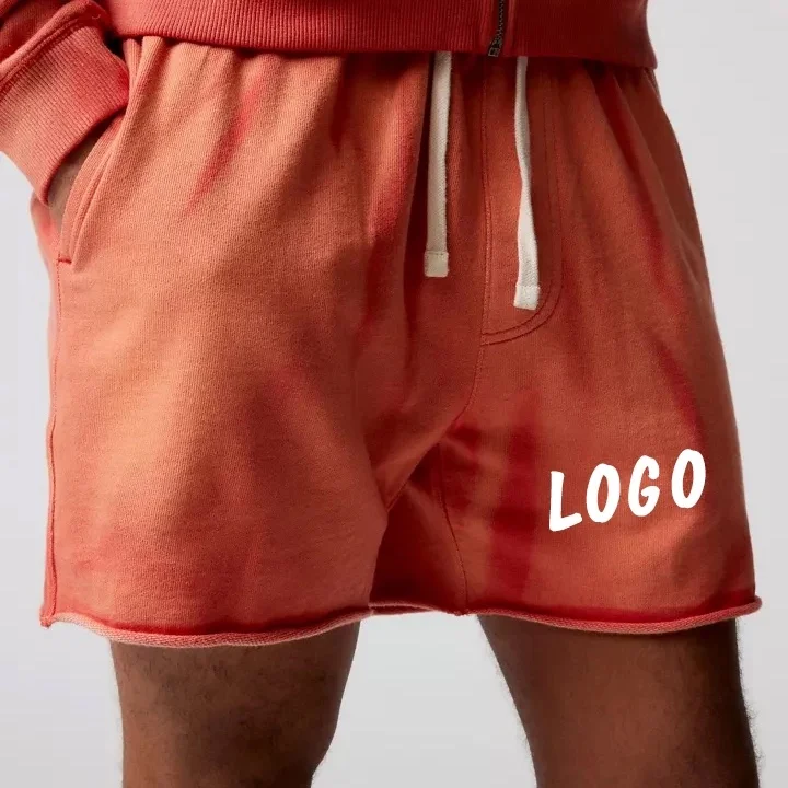 Custom Drawstring Cotton French Terry Distressed Embroidered Raw Hem Ripped Cut Heavyweight Oversized Acid Wash Sweat Shorts Men