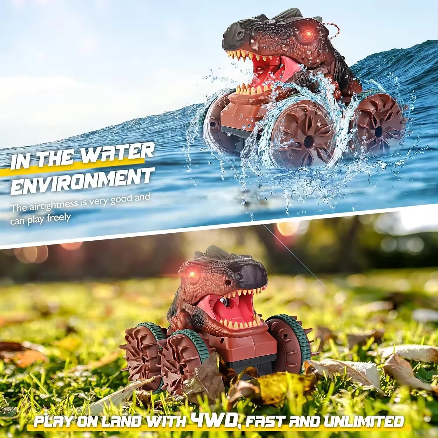 2.4G Amphibious Vehicle Toy Remote Control Car Dinosaur Monster Truck with Light Spray Function Waterproof RC Boat For kids
