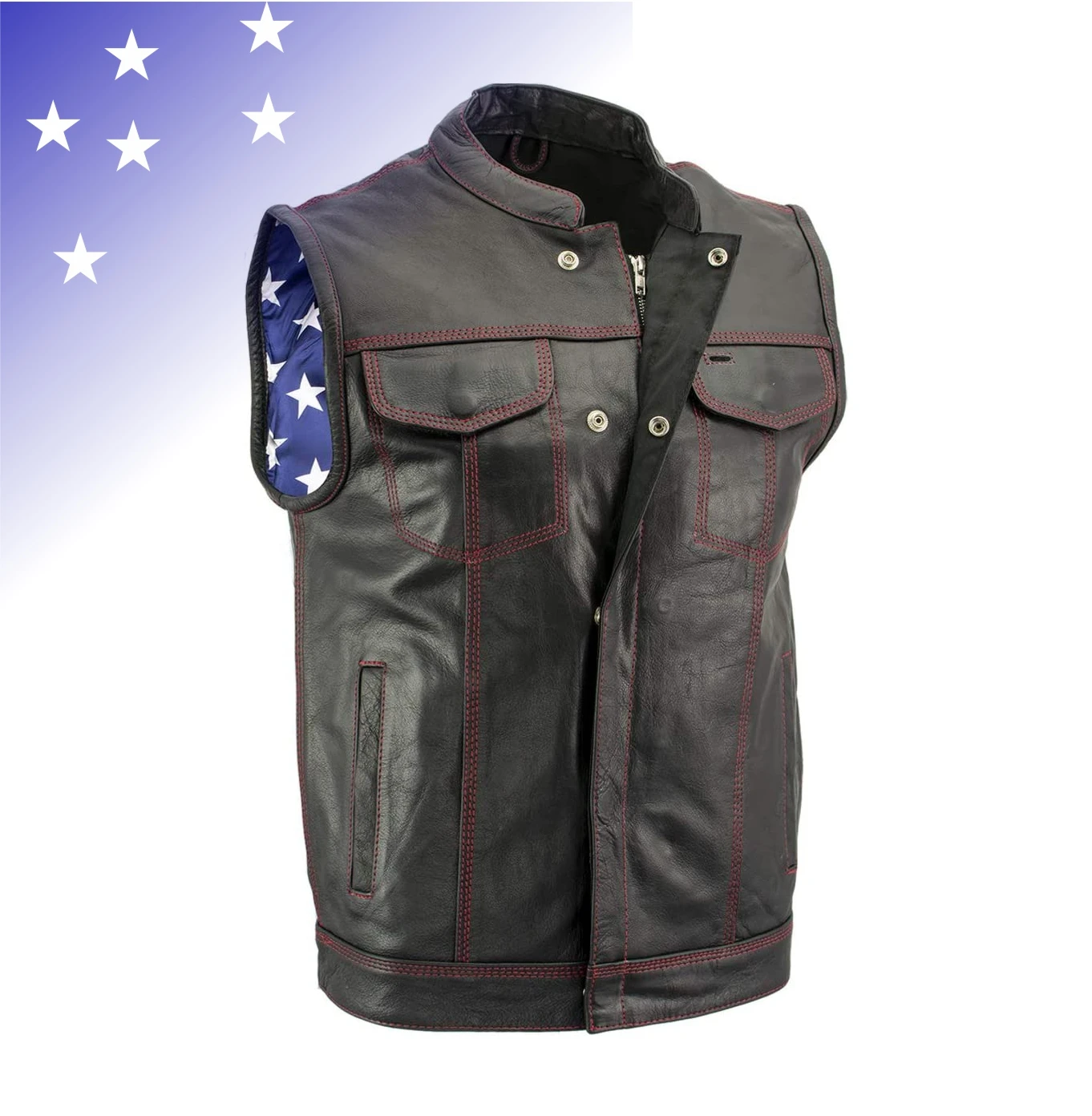 Mens Leather Vest with Red Stitching and USA Inside Flag Lining Jacket With Customize Labeling