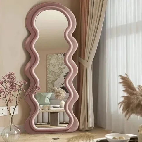ZIHAN MIRROR Wave Shape Irregular Wall Hanging Floor Standing Big Size Flannel Fabric Framed Mirror