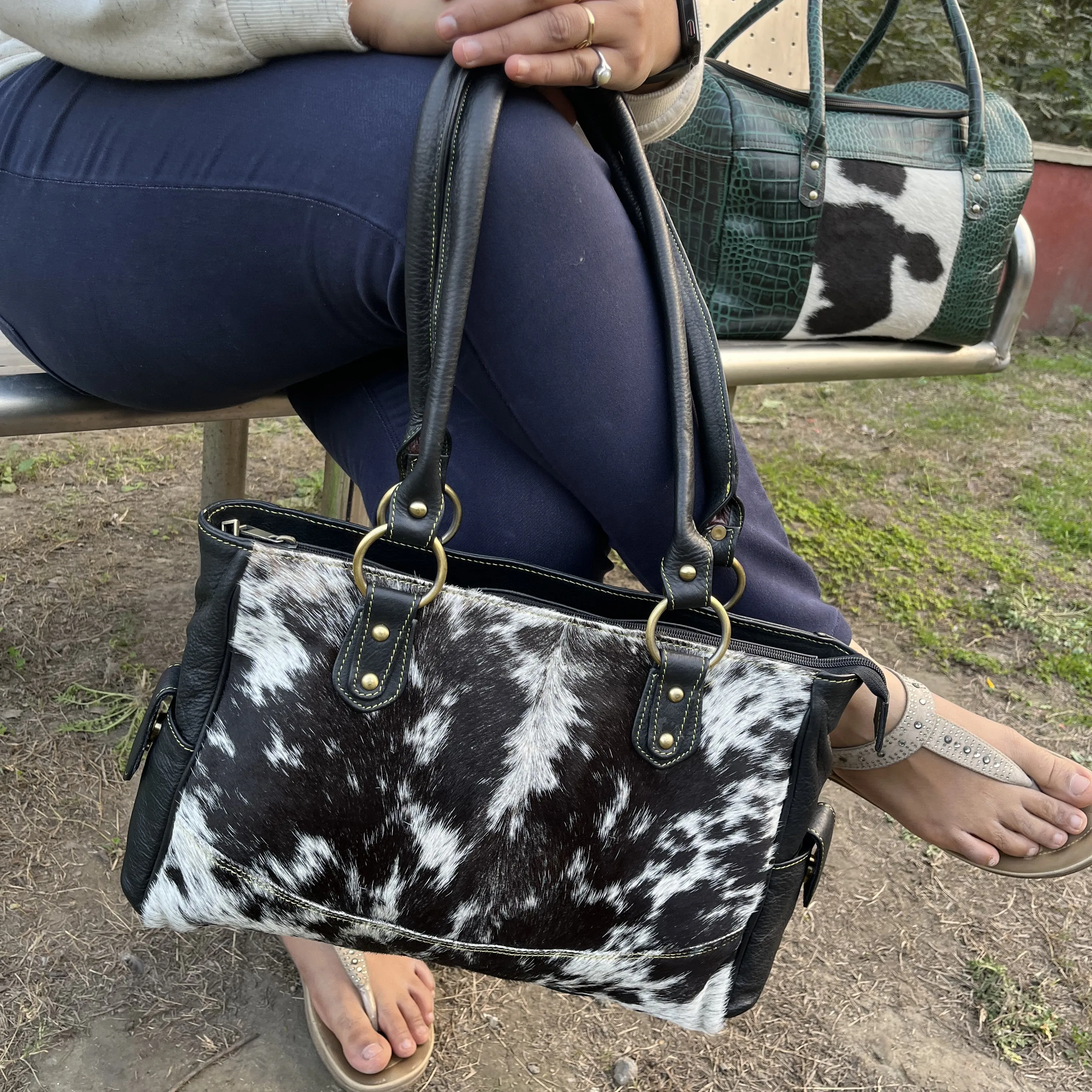 Double Handle Shoulder Handbag Cowhide Hair On Western Women Tote Bag Real Cowhide Leather Genuine Leather Woman Girl Lady Bag