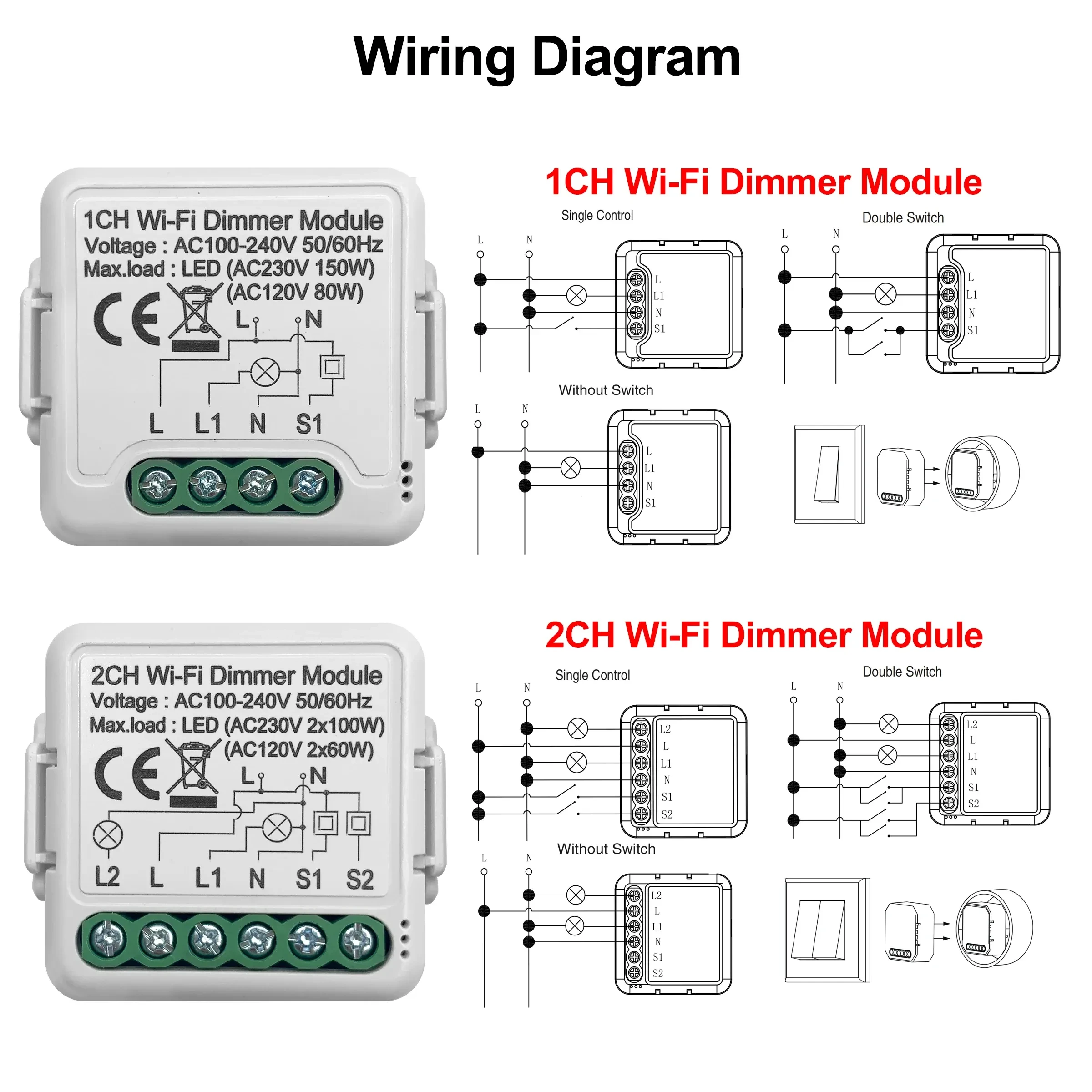 New 2 Channel Wifi Smart Light LED Dimmer Module Work with  Alexa/Google Assistance PST-D02