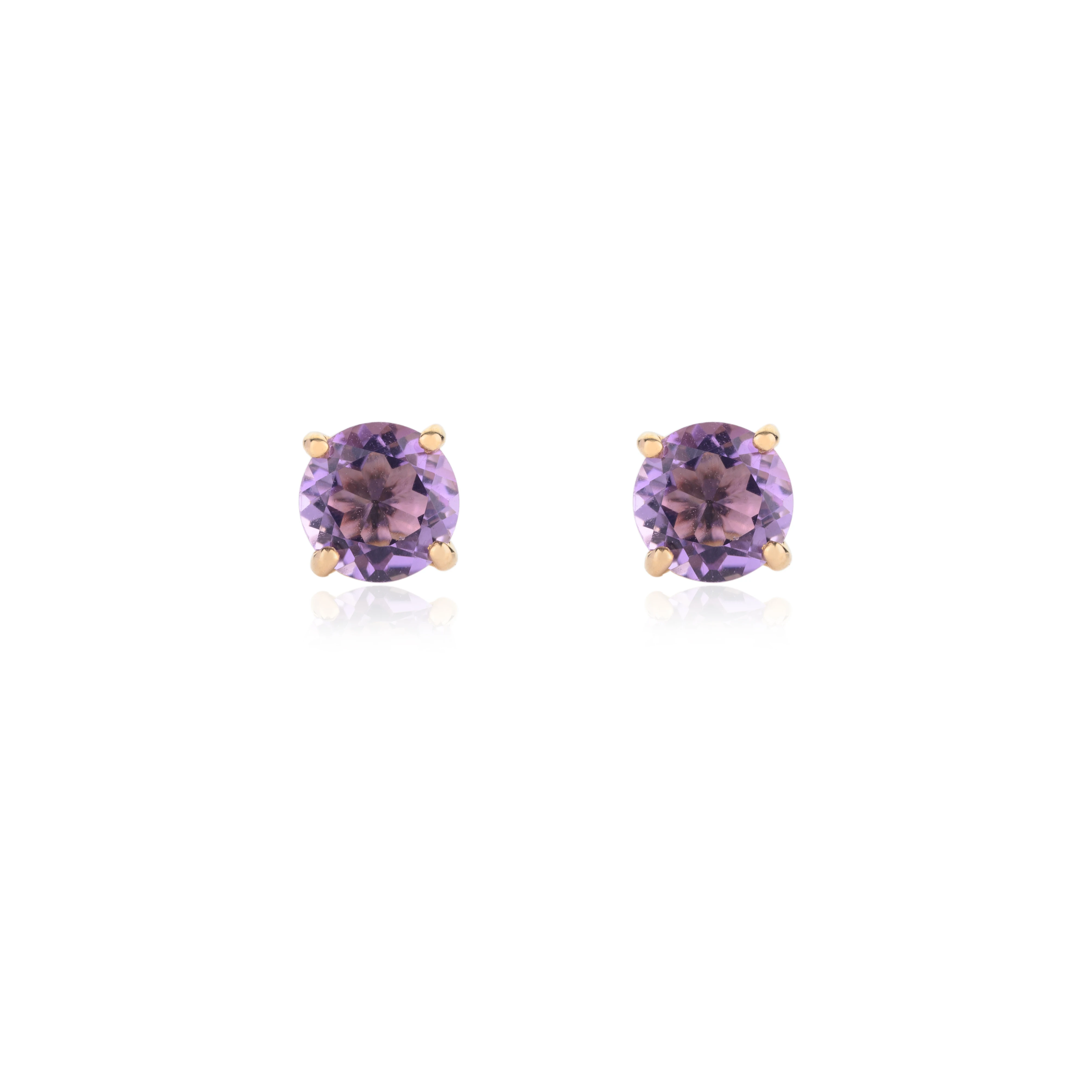 Trending Luxury New Fashion Design 100% Natural Amethyst Round Shape Stud Earrings 14k Solid Yellow Gold February Birthstone