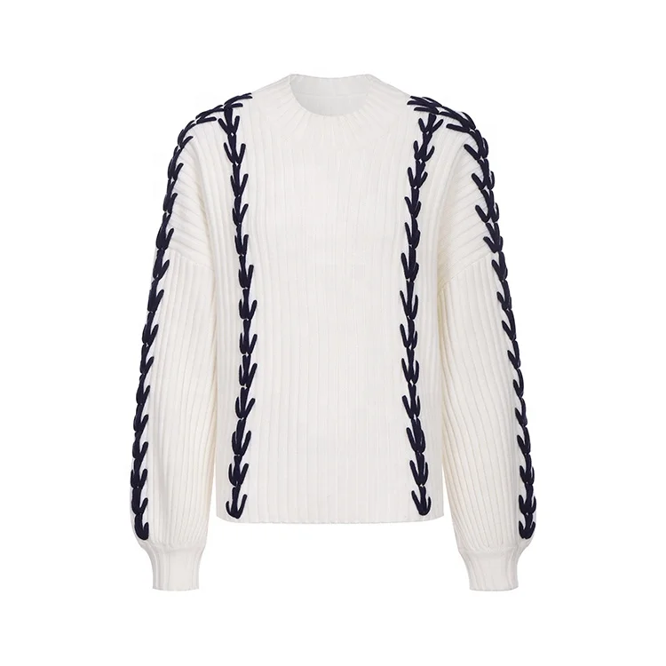 Knitwear manufacturers custom fall winter color contrast jacquard round neck long sleeve loose knitted korean sweaters for women