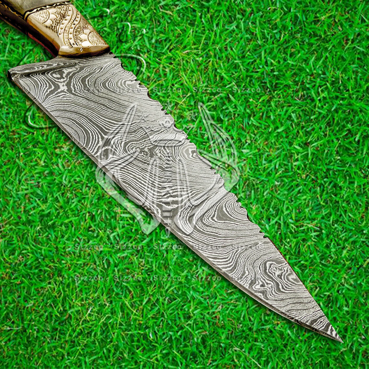 High Quality Custom Damascus Steel Kitchen Chef Knife Handle Ram Horn, Engraved Brass, Leather Sheath Top Rated Selling item