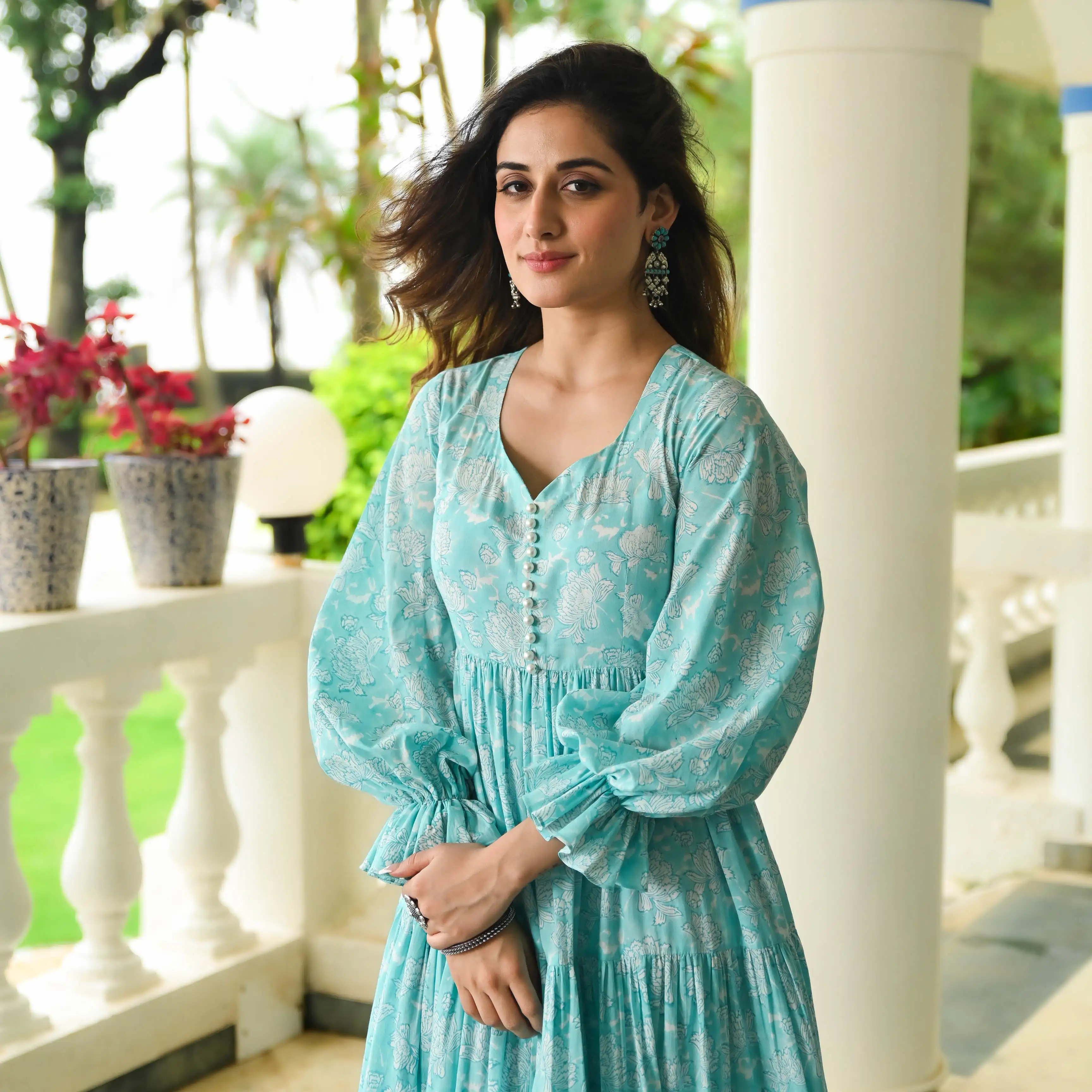 Модные индийские платья для женщин цветочный принт длинный рукав v-образный вырез длина в пол вечернее платье Макси