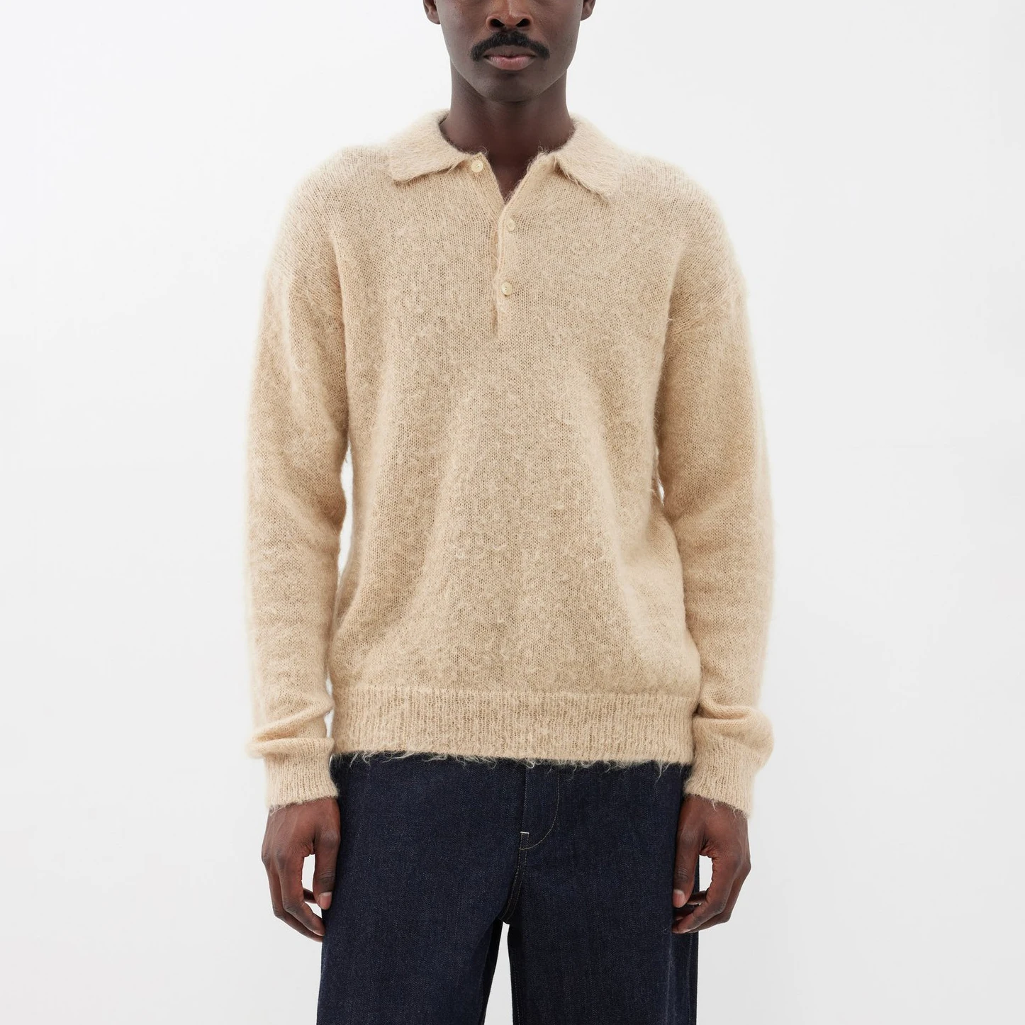 Wholesale oem odm custom logo beige solid color causal furry brushed wool mohair polo knit sweater