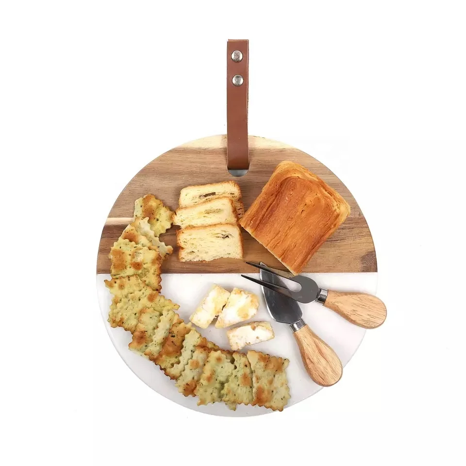 White Marble & Wood Round Cutting Board for Serving