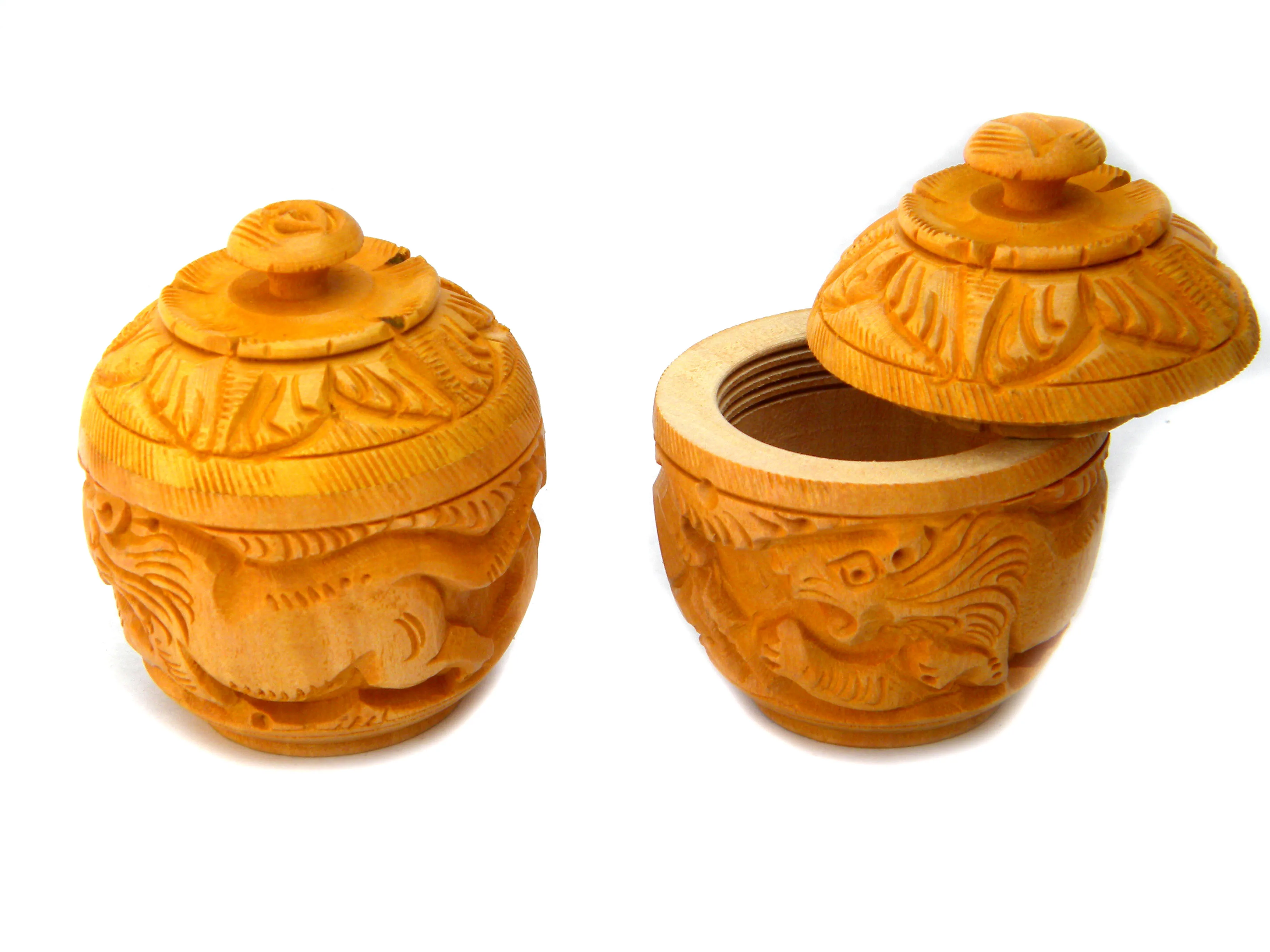 Indian Handcrafted  Carved Jar and Box Storage Material and Container Lion Tree Carving Multipurpose Jar with Lid Elephant tree