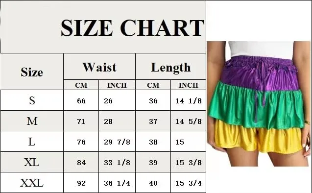 Purple Gold Green Patchwork Satin Ruffle Baggy Shorts For Women Mardi Gras Apparel Culotte Shorts