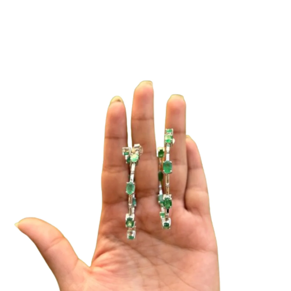 Newly Latest Design Oval Cut Emerald & Round American Diamond 925 Sterling Silver Long Hoop Earrings For Women