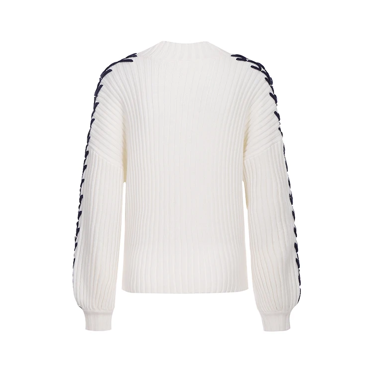 Knitwear manufacturers custom fall winter color contrast jacquard round neck long sleeve loose knitted korean sweaters for women