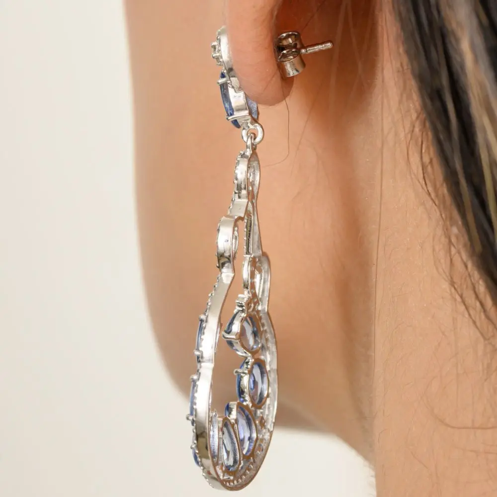 New Trendy Handmade Fine Jewelry Natural Blue Sapphire and Diamond Chandelier Earrings in 18k Solid White Gold Fine Jewelry