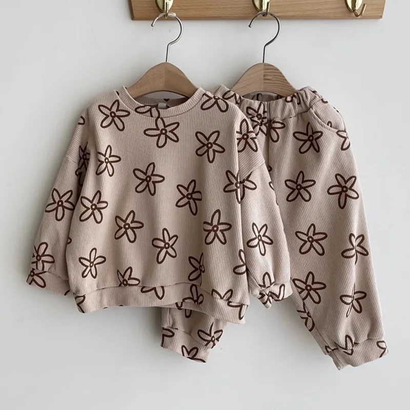 Flowers Checker Prints Waffle Joggers Set Infant Toddler Baby Fall Clothes Cozy Suits